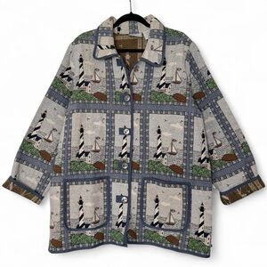 Vintage nautical lighthouse sailboat tapestry blanket jacket Size XXL